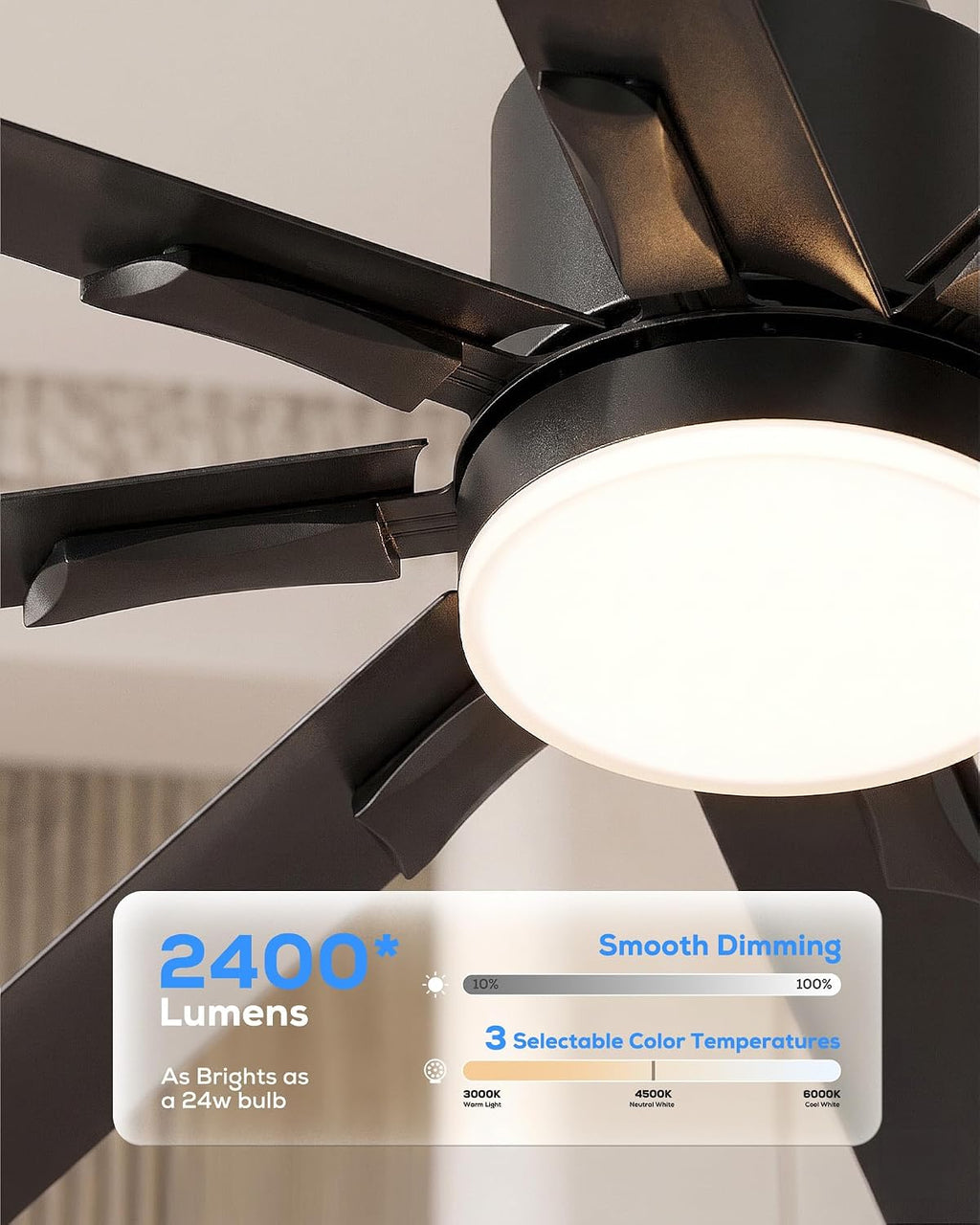 72" Black Outdoor Smart Ceiling Fan with Light