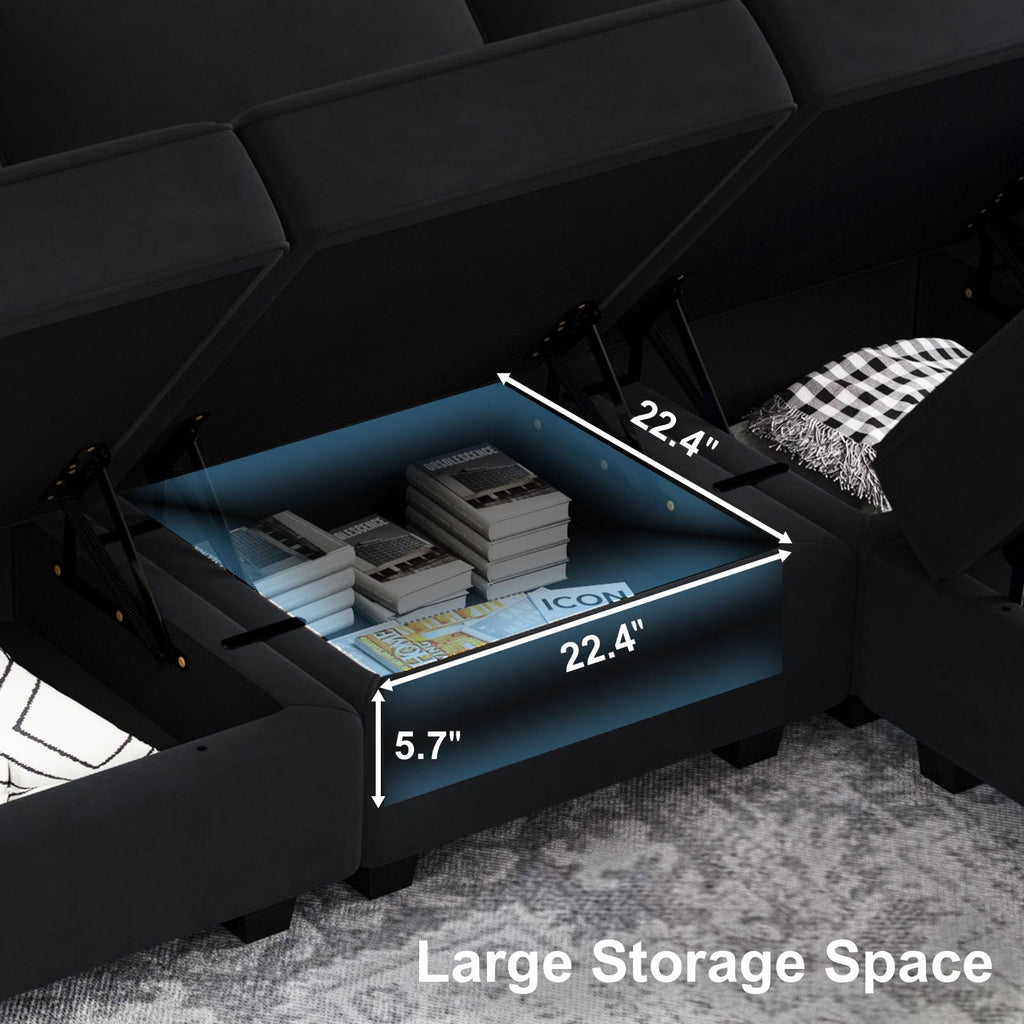 Modular Sectional Sofa with Double Chaise Velvet U Shaped Sofa Reversible Sectional Couch with Storage Black