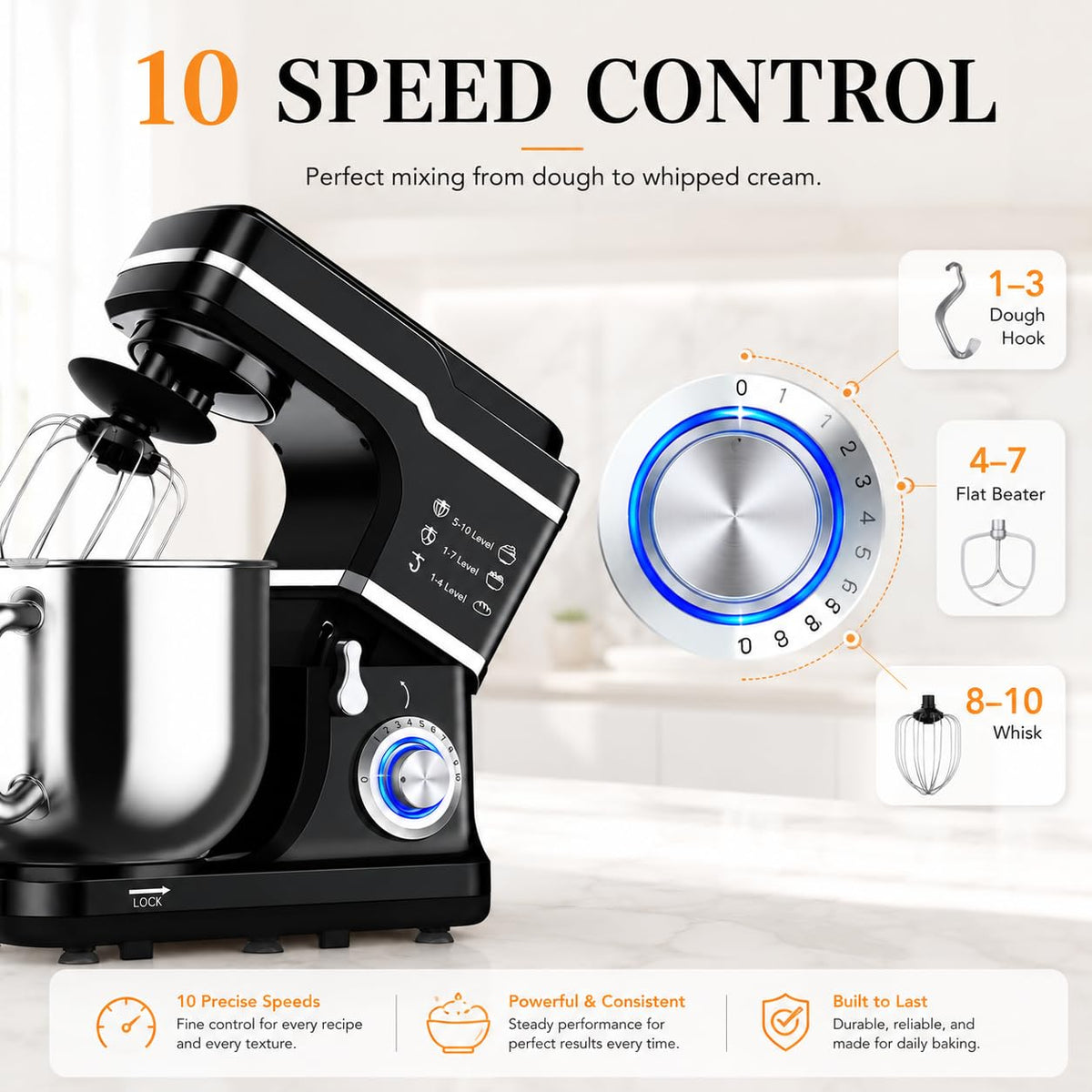 7.5 QT Stand Mixer, 10-Speed Tilt-Head Electric Mixer with Stainless Steel Bowl, Dough Hook, Whisk, Beater, Splash