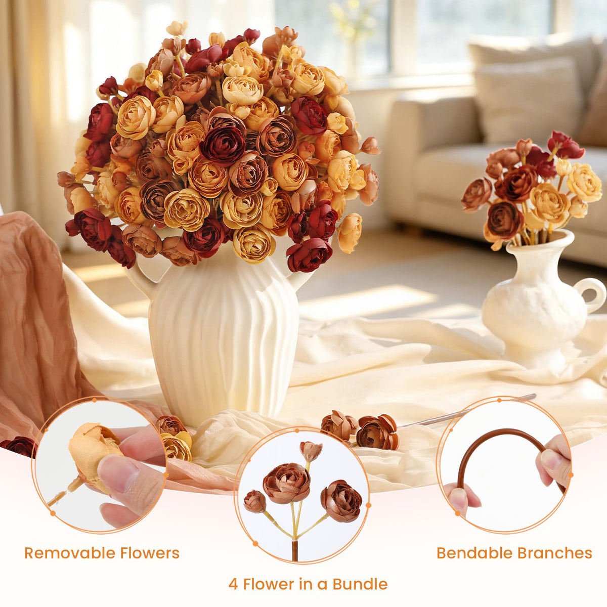 30Pcs Ranunculus Artificial Flowers Fall Faux Silk Mini Ranunculus