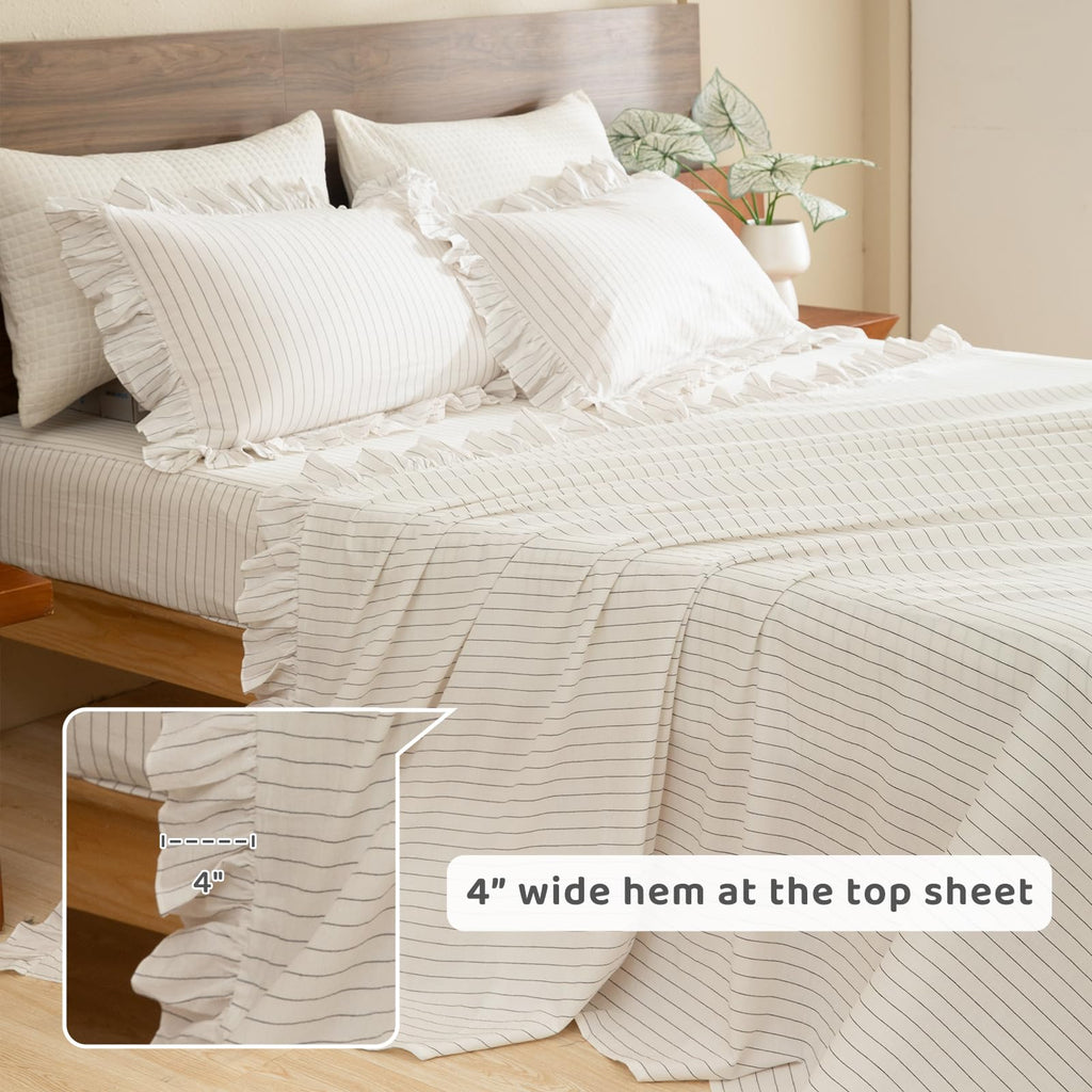 White Grey Stripe Sheet Set, Ruffle, Cotton, 17.5" Deep Pocket