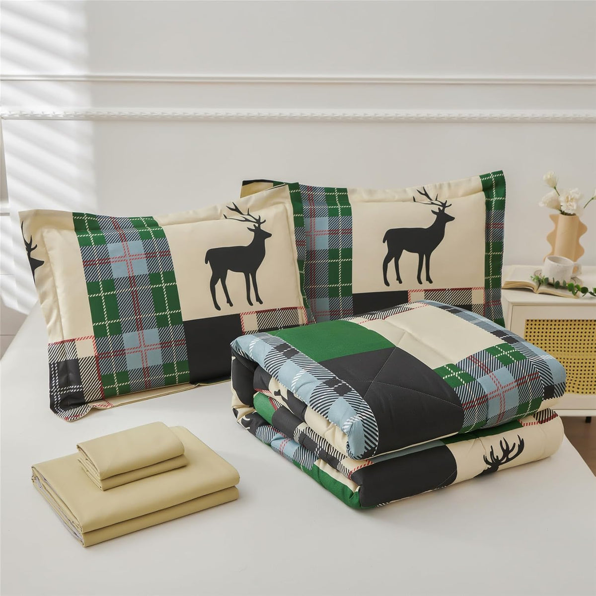 7 Piece Comforter Set, Lodge Moose Rustic Cabin Bed in a Bag, Soft and Breathable Bedding, Green Moose