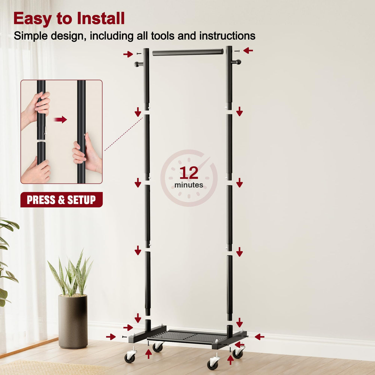 Small Clothes Racks for Hanging Clothes, Rolling Clothing Rack with Shelves, 60" Metal Garment Rack with Wheels