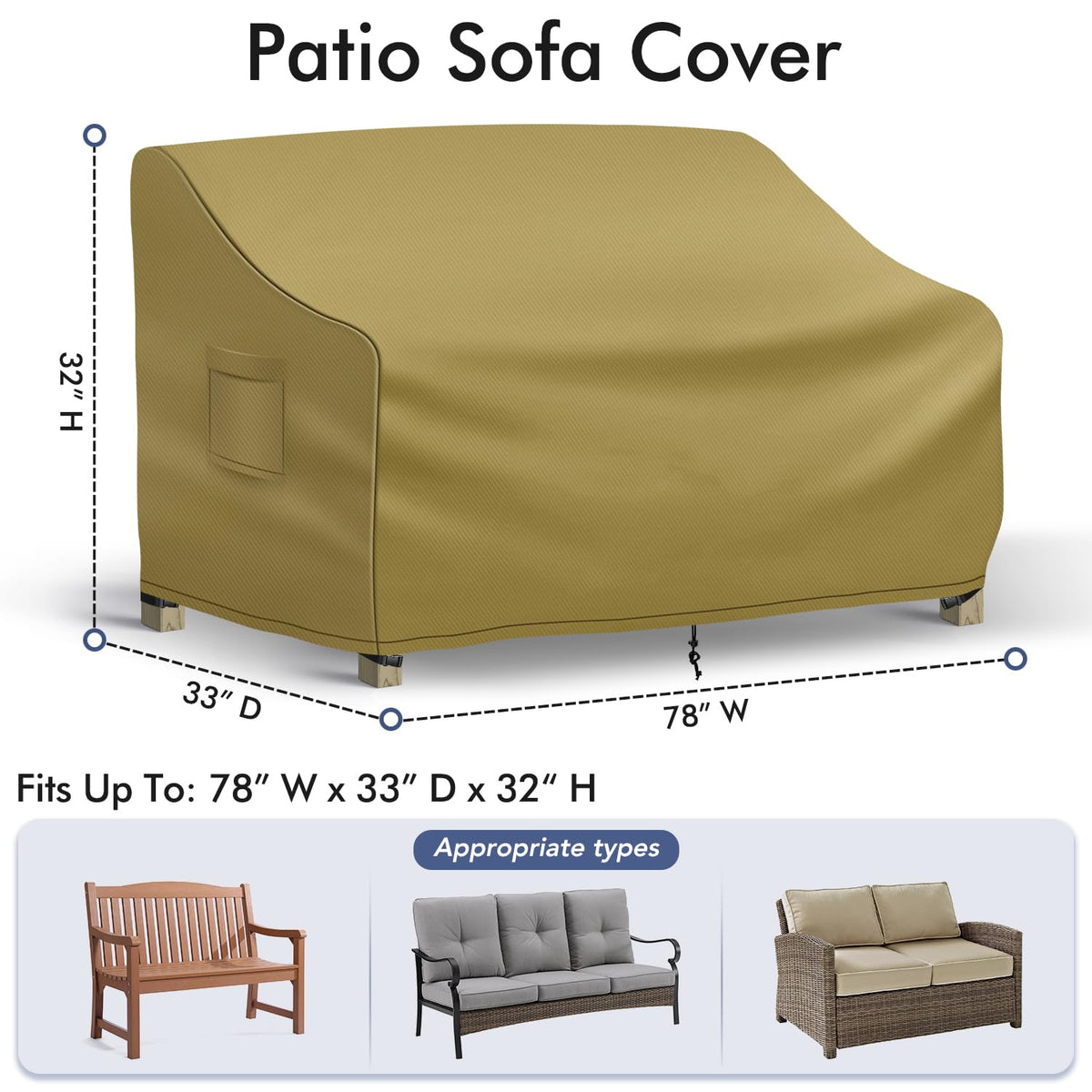 Outdoor Couch Cover Waterproof, 3-Seater Outdoor Sofa Cover, Patio Furniture Covers with Air Vent and Handles, 78W x