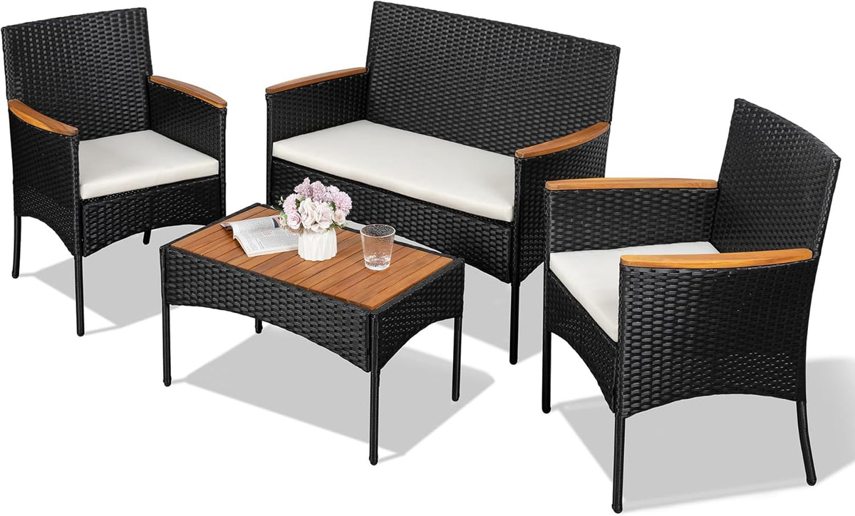4-Piece Patio Furniture Set, Outdoor Wicker Patio Conversation Furniture Set with Cushions and Wooden Tabletop for Paito Lawn Backyard Pool Garden, Black Rattan