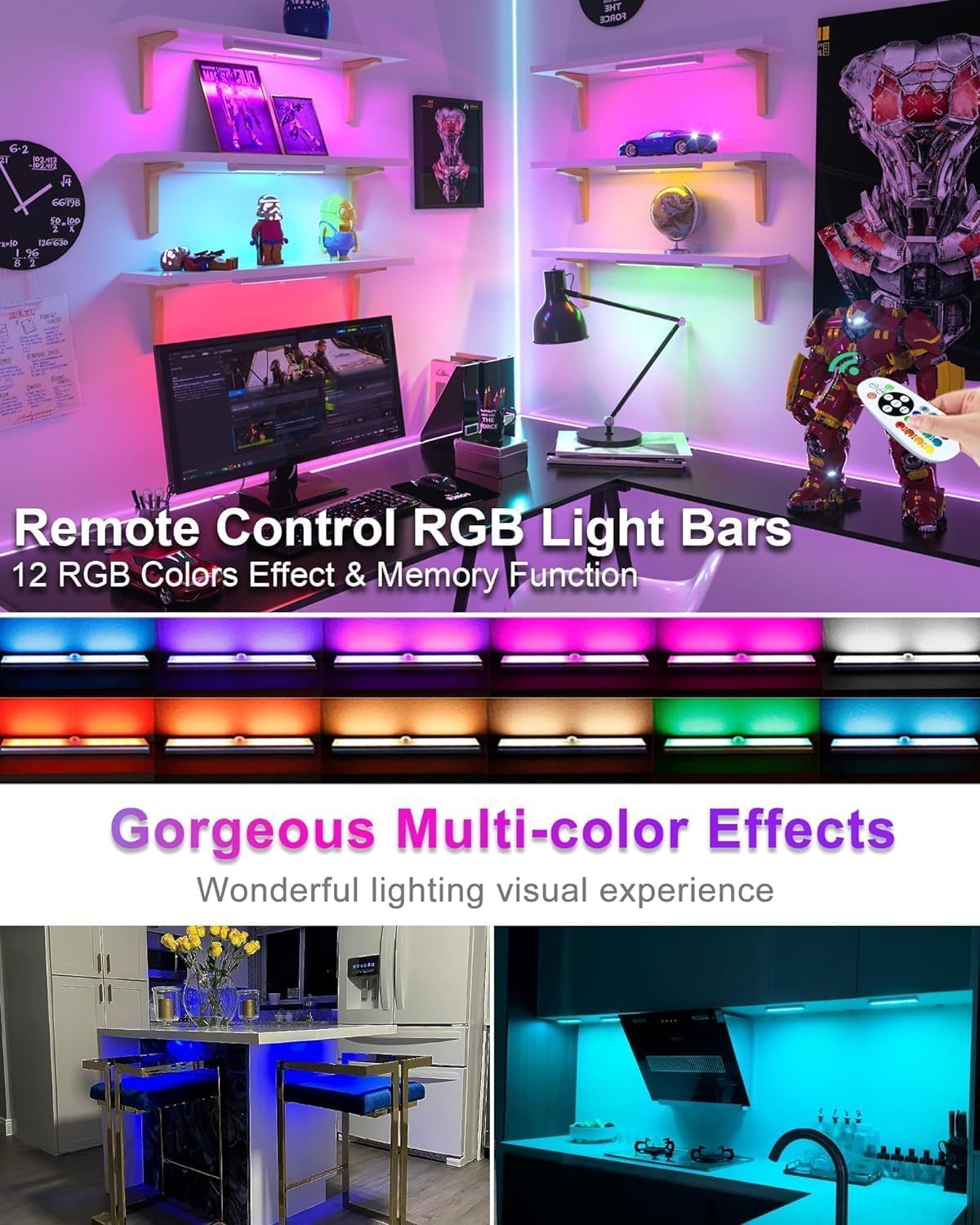 Under Cabinet Lighting Wireless, RGB LED Closet Lights, 4 Pack