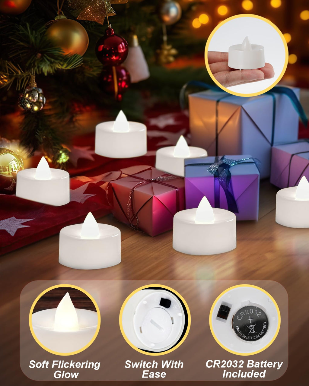 100Pack Flameless LED Tealight Candles, 200+ Hours, Cool White Light