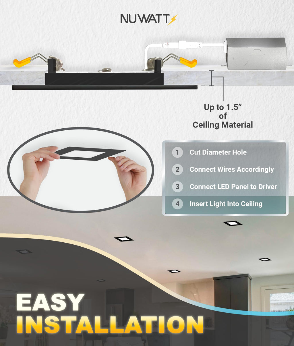 Black 4 Inch Square LED Recessed Lighting 2700K-5000K, ETL, 6 Pack