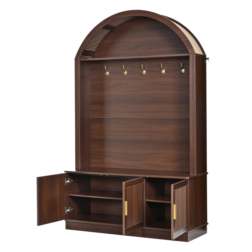 Hall Tree with Bench and Shoe Storage, Farmhouse Hall Tree with 5 Metal Hooks, Mudroom Furniture with Shelves