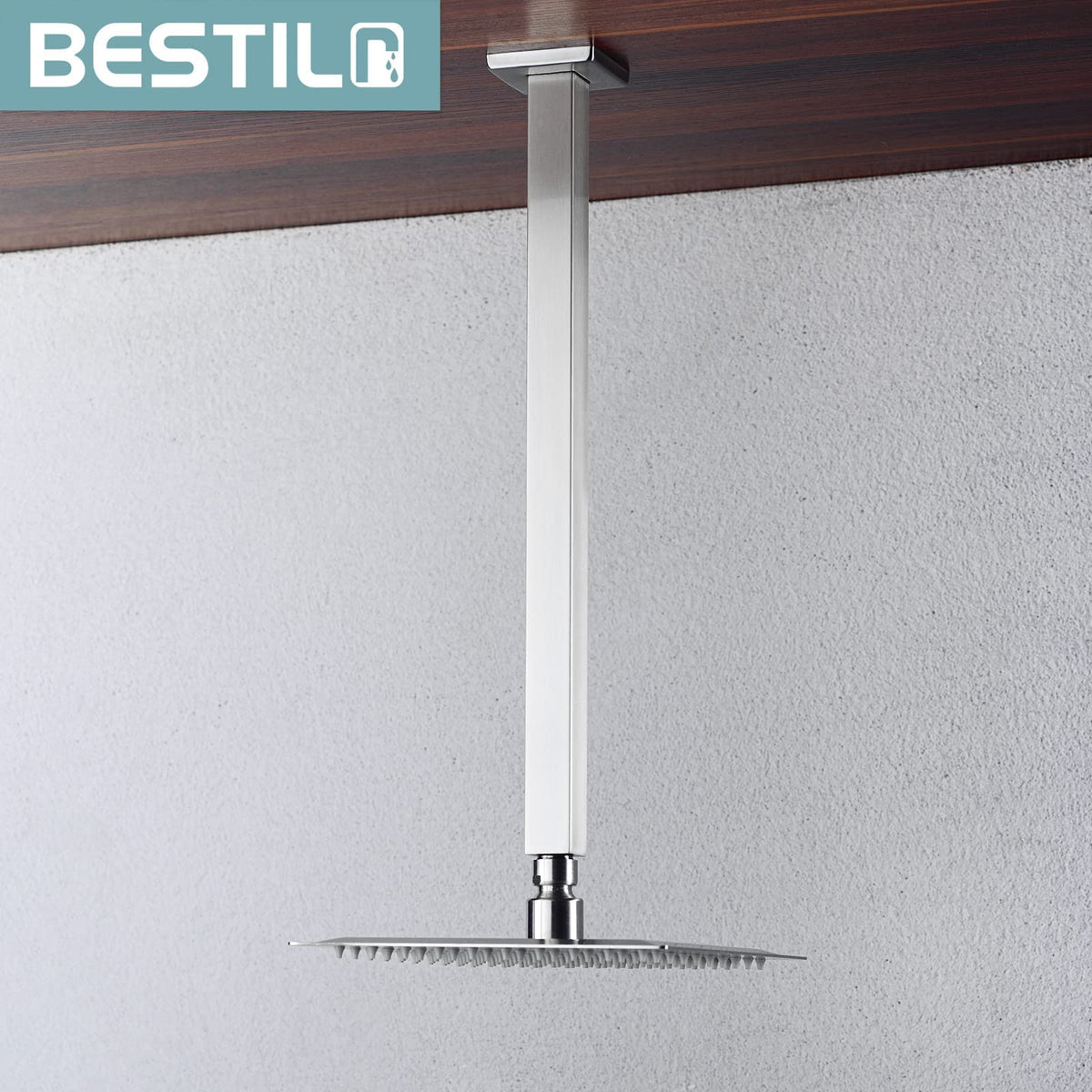 16 Inch Brushed Nickel Ceiling Mount Shower Arm and Flange, Square Rain Shower Arm