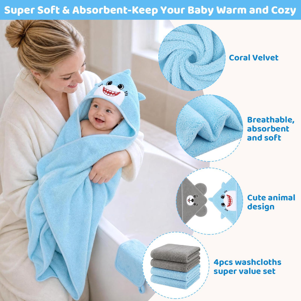 6 PCS Baby Bath Towels Set for Newborn Essentials (Shark, Bear)