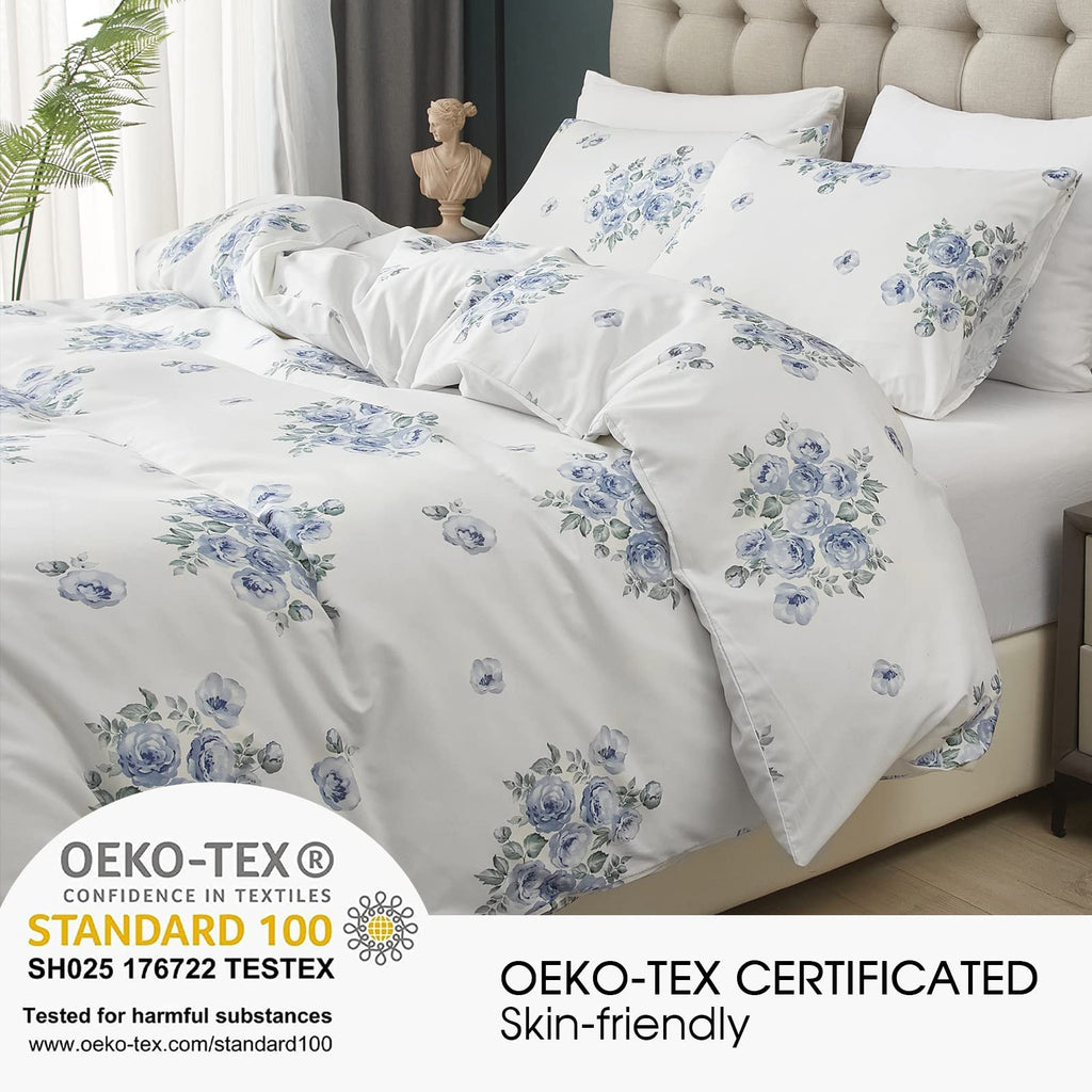 Blue Rose Floral Duvet Cover, Blue and White Farmhouse