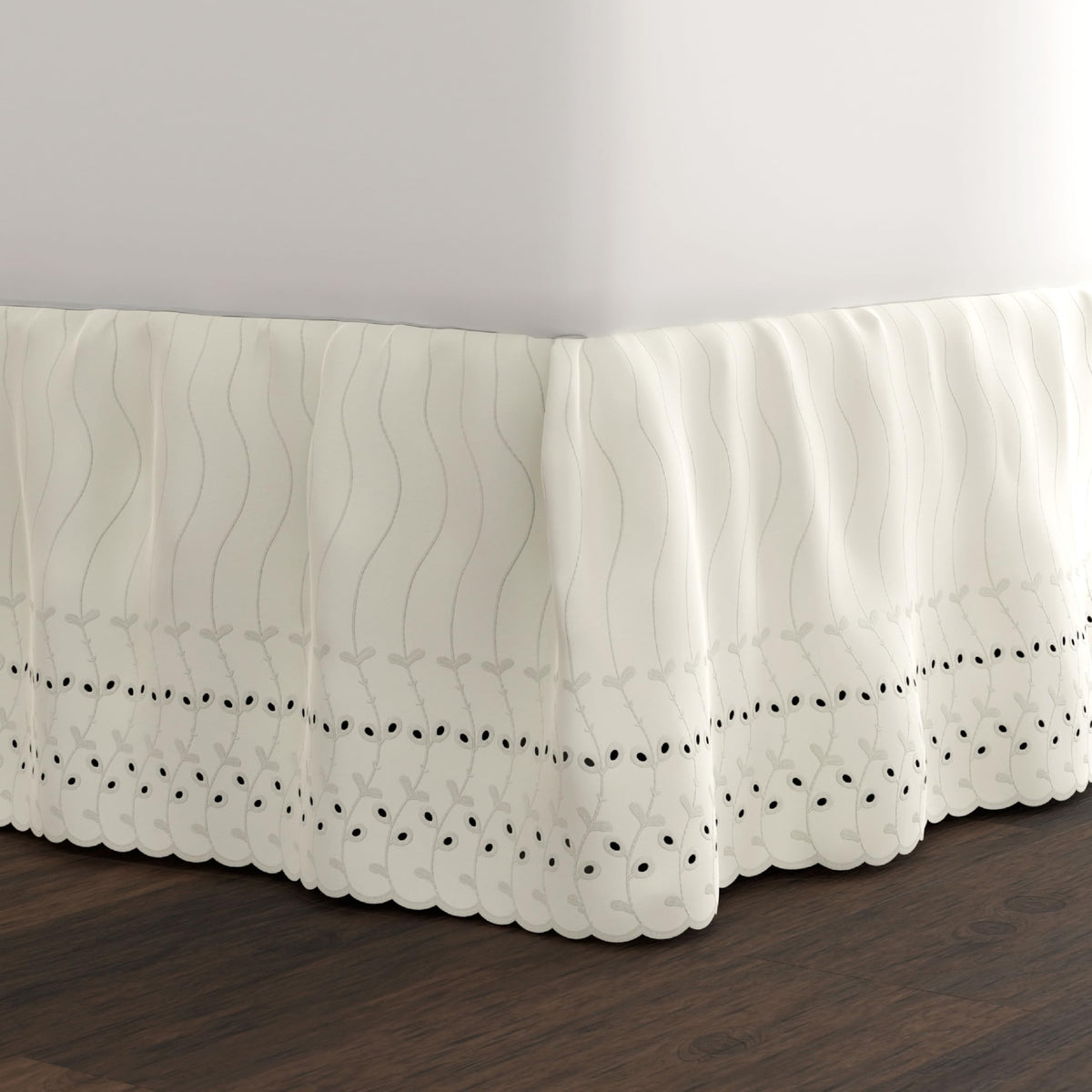 Eyelet Bed Skirt, Ruffled Design, 14 Inch Drop, Embroidered Scalloped Edge, Ivory