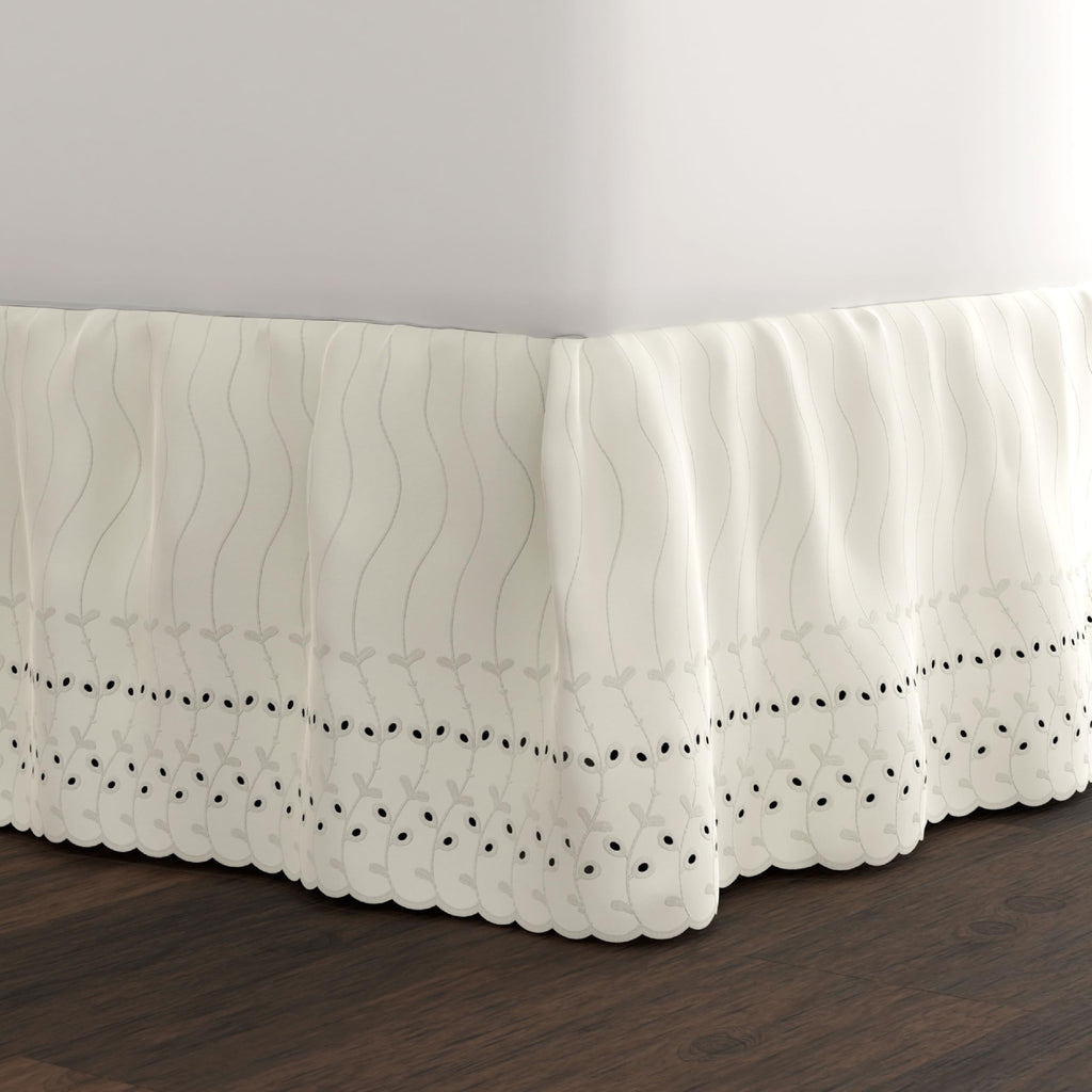 Eyelet Bed Skirt, Ruffled Design, 14 Inch Drop, Embroidered Scalloped Edge, Ivory