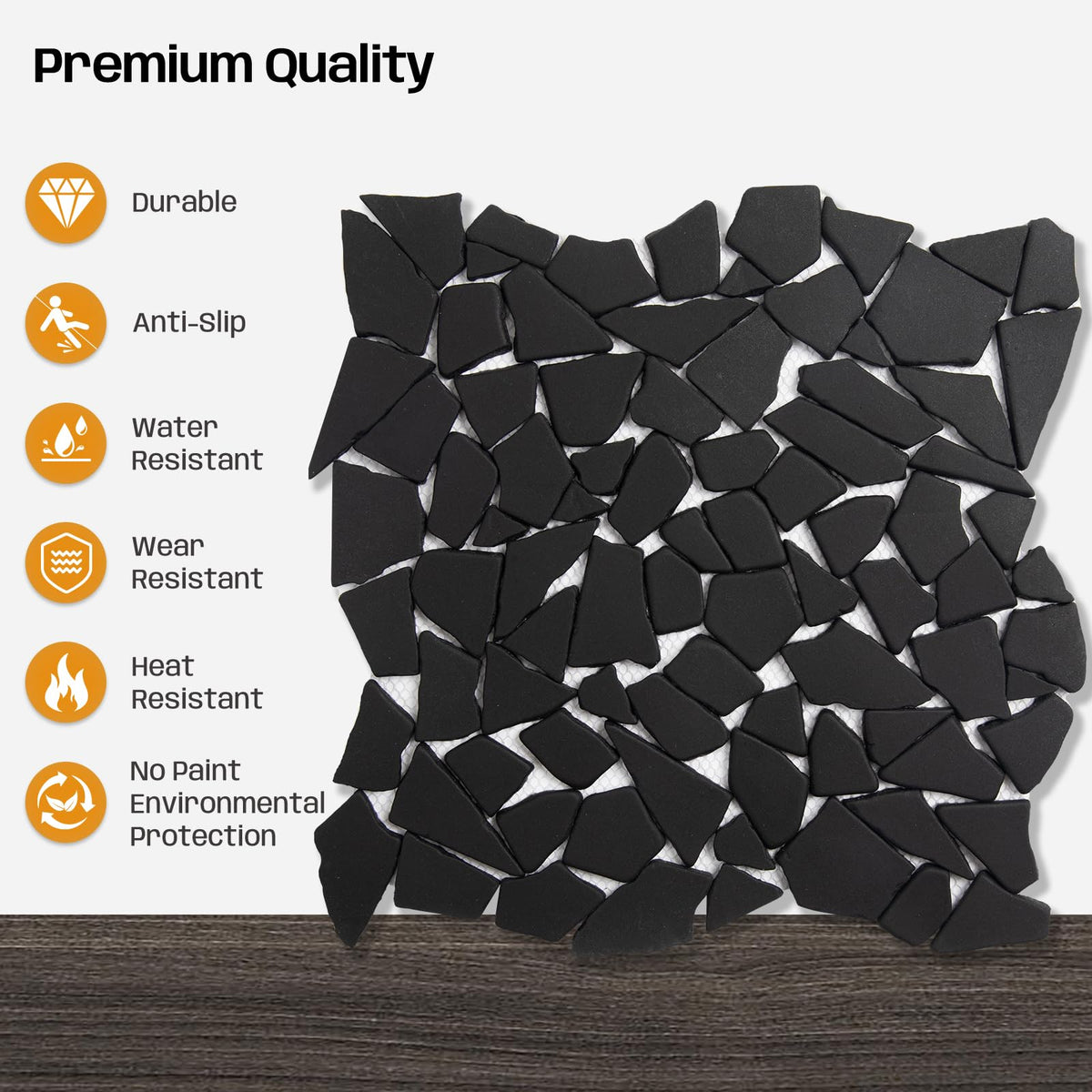 Black Pebble Tile for Shower Floor, 12"x12" Backsplash Tiles, 5 Pcs