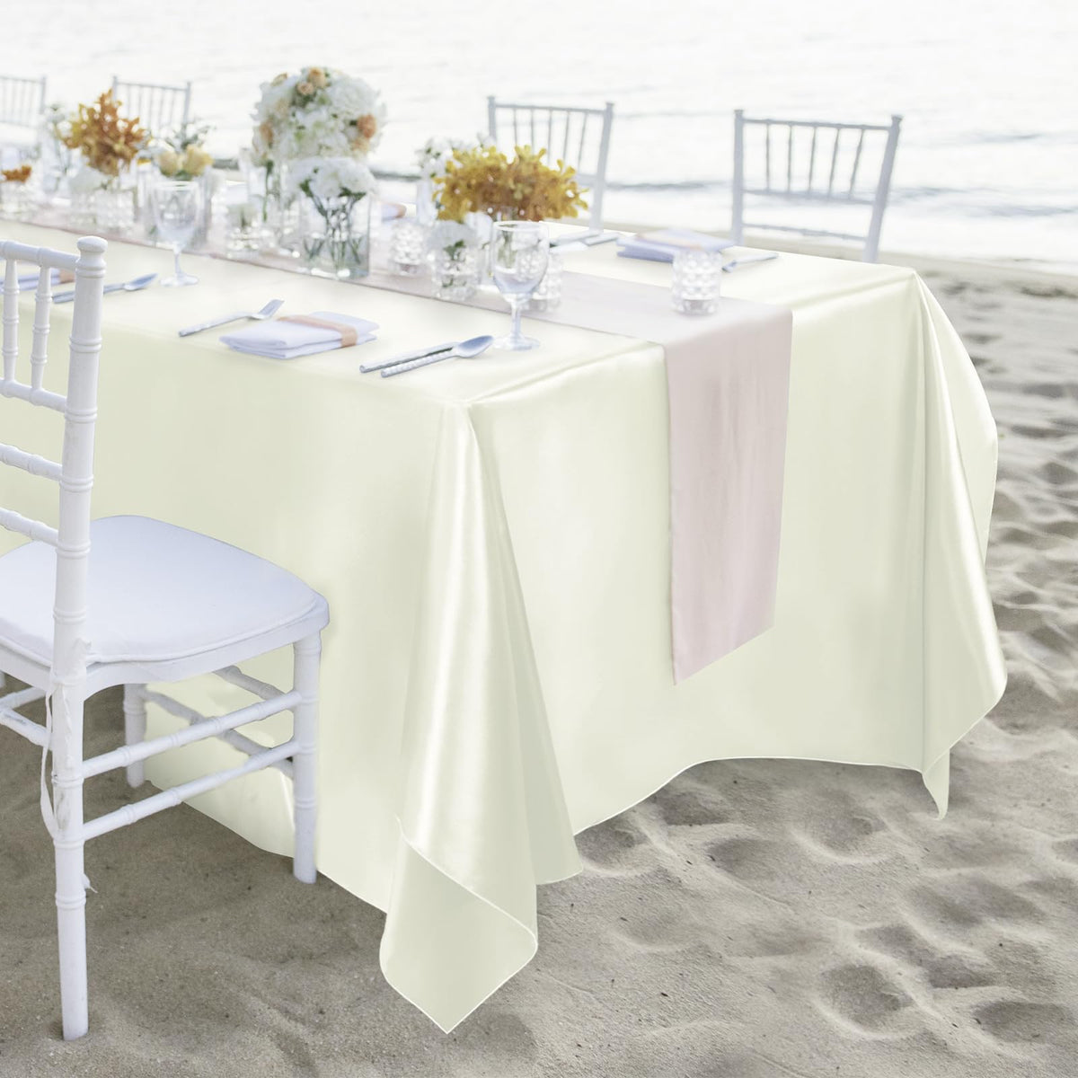 2 Pack Satin Rectangular Tablecloth, 102 x 58 Inches, Ivory