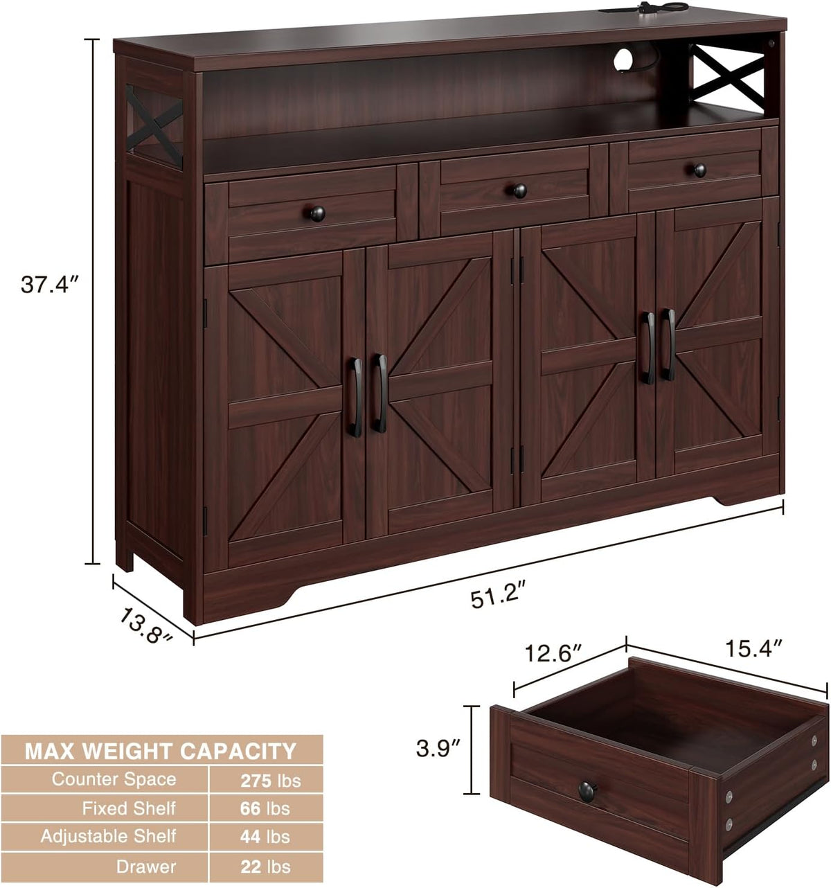 51" Dark Brown Buffet Sideboard Cabinet, Farmhouse Storage Cabinet Kitchen | Pantry with Shelf and Drawers, Wood