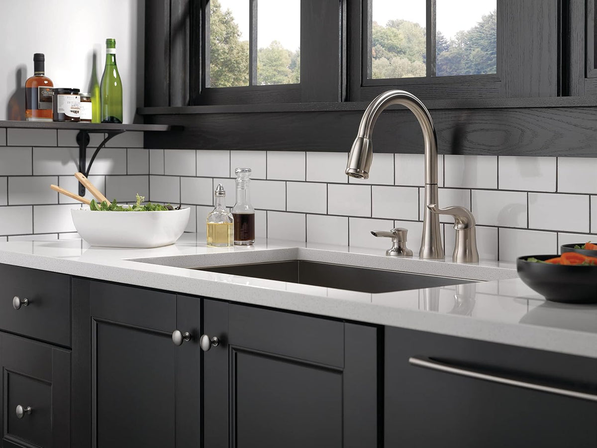 Kate Brushed Nickel Kitchen Faucet with Pull Down Sprayer and Soap Disperser, Modern Two Hole Kitchen Sink Faucet