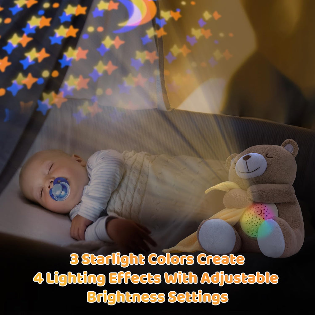 Rechargeable Baby Sleep Soother Bear, Nursery Decor Night Light Projector, Mom's Heartbeat Cry Sensor Lullabies White