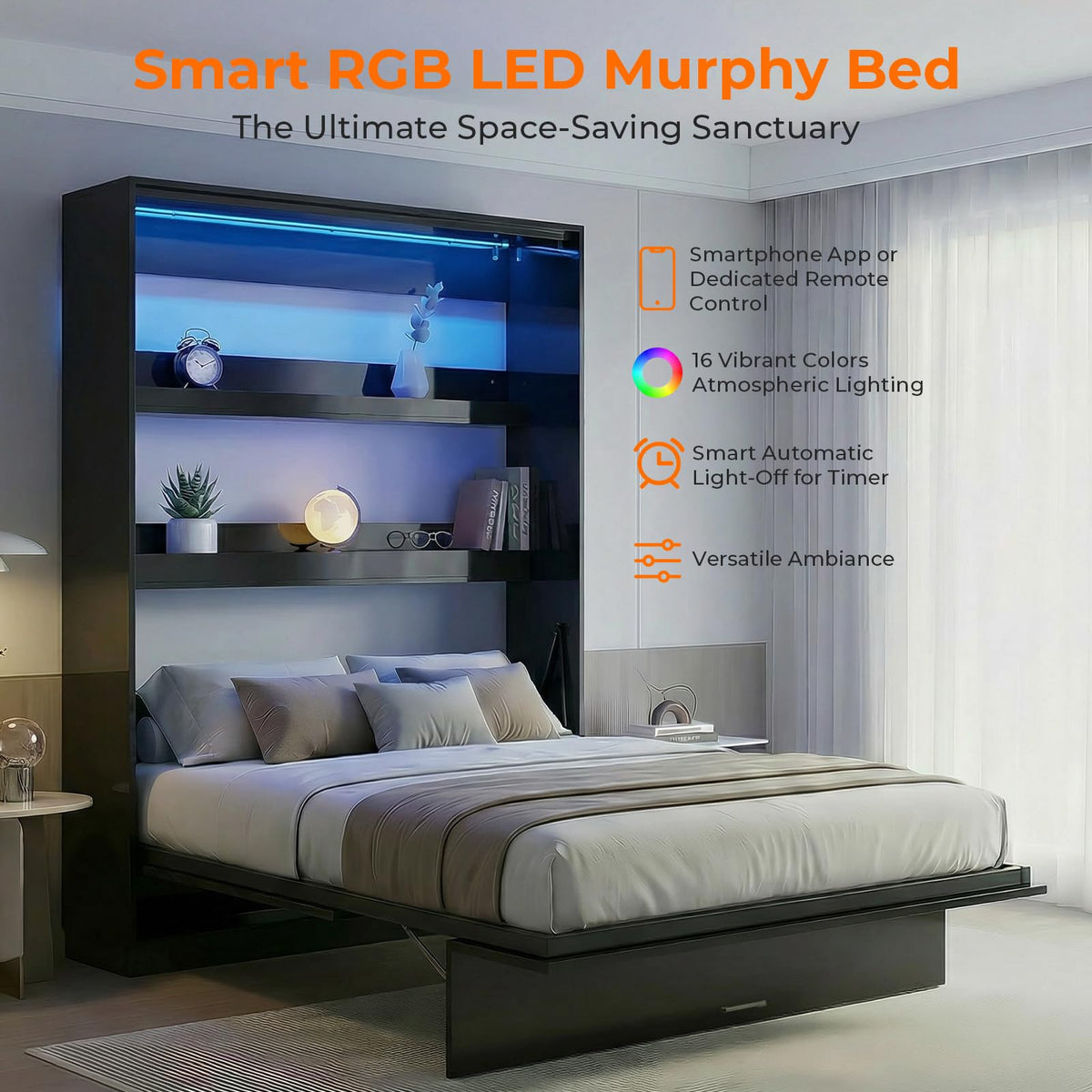 Full Vertical Murphy Bed Wall with Storage&Gas-Lift(Gloss Black)