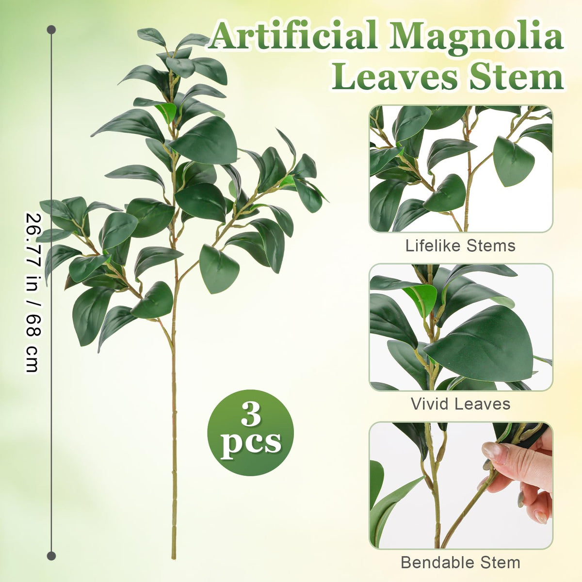 3 Pcs Artificial Greenery Stems, 27.5" Faux Magnolia Leaves Branch