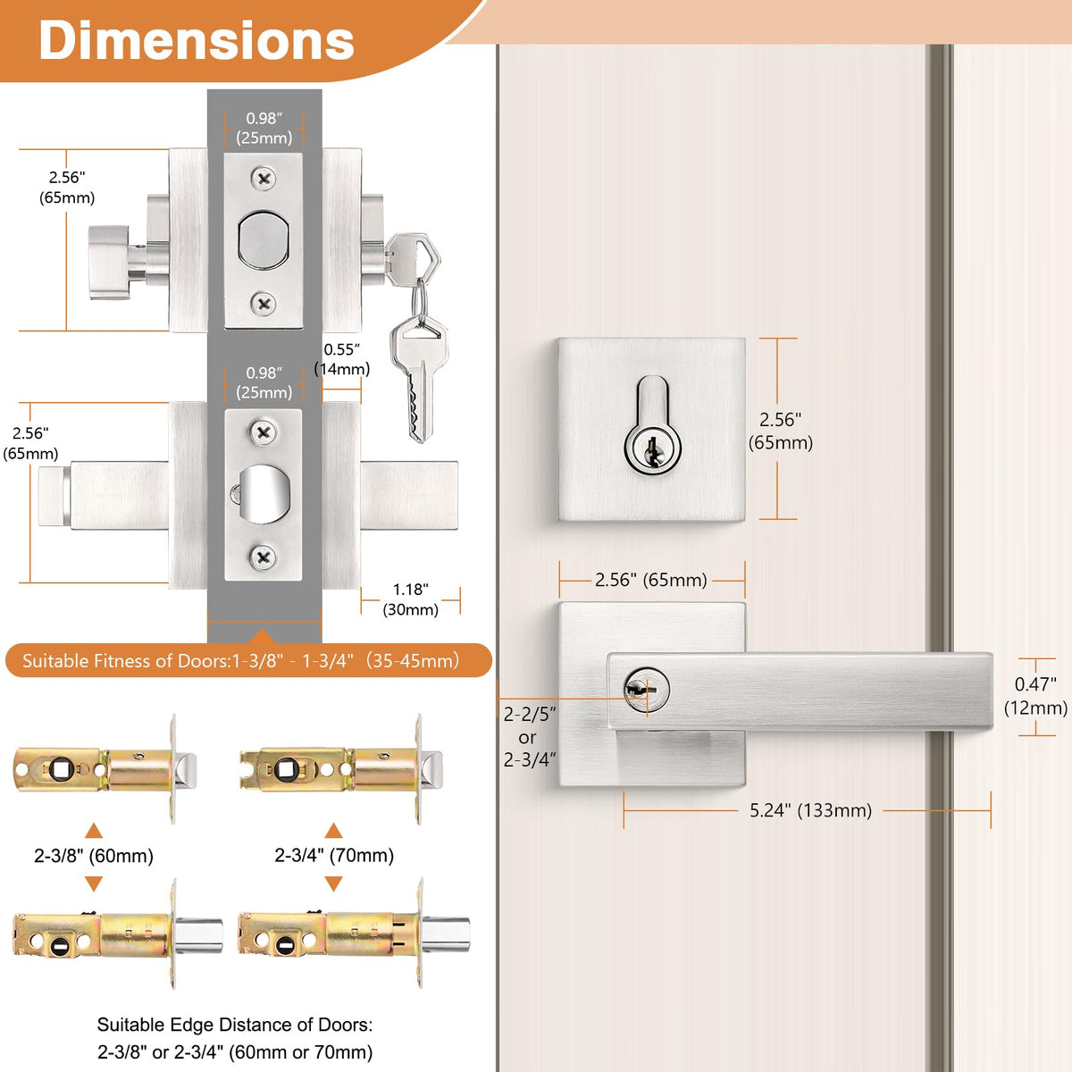 Square Keyed Entry Levers and Single Cylinder Deadbolts Combo Pack, Satin Nickel Heavy Duty Entrance Locksets Bedroom