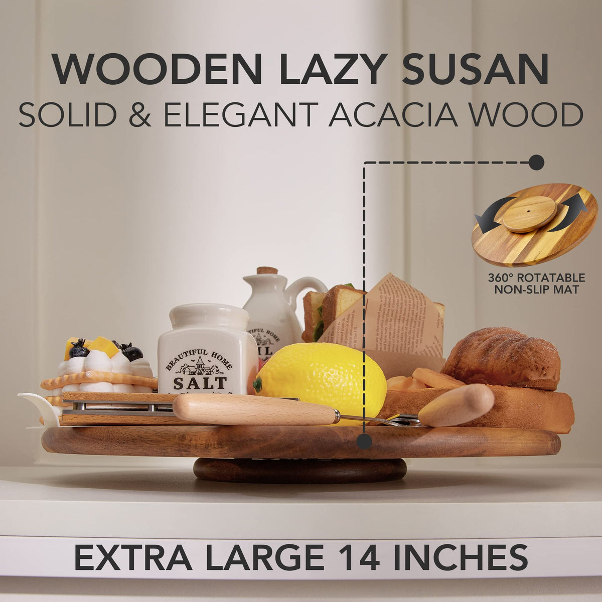 Acacia Wood Lazy Susan, Wood Turntable Tray Cabinet Organizer,14"
