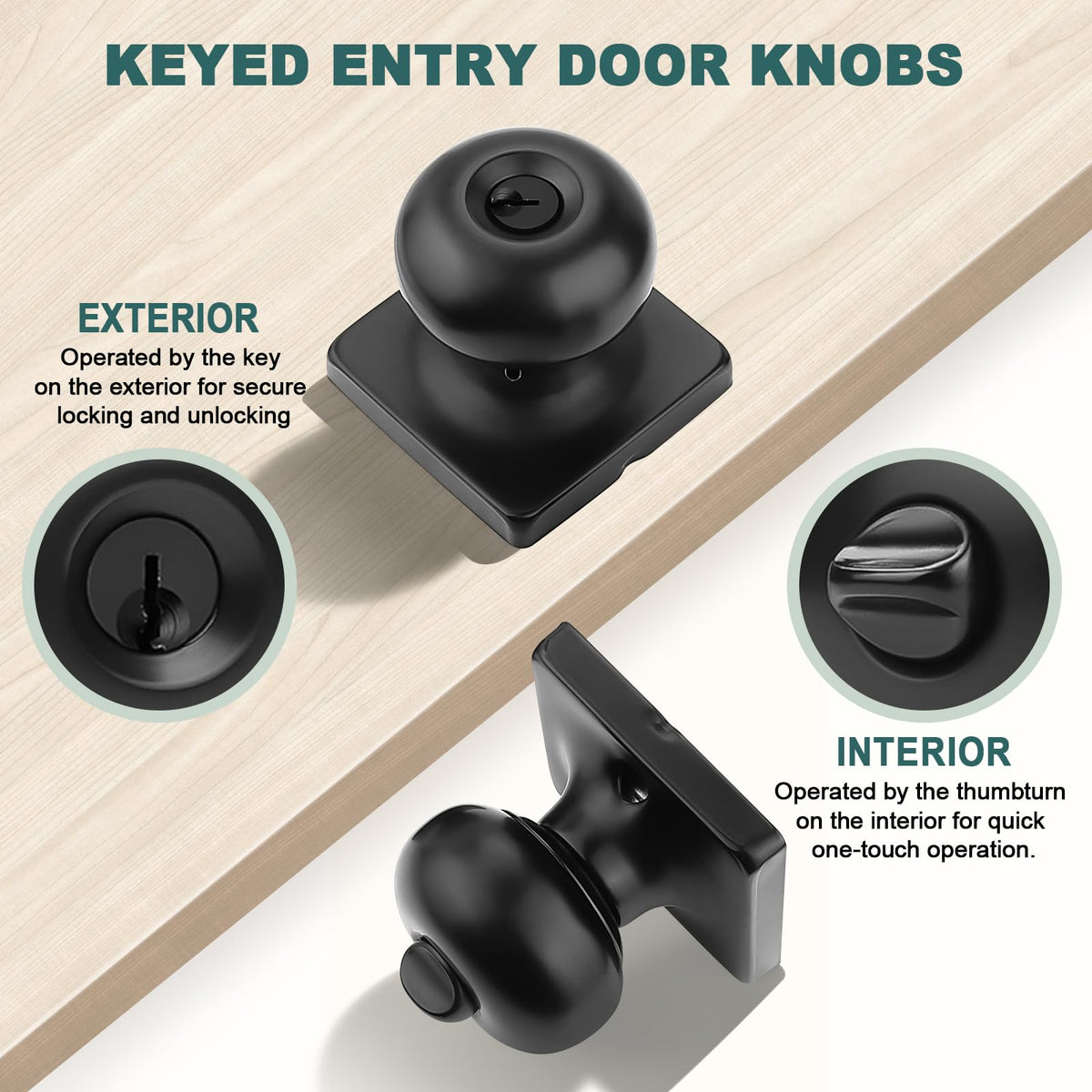 Keyed Alike Entry Door Knobs with Lock and Keys, Matte Black Entry Door Lock Sets for Exterior & Interior Doors