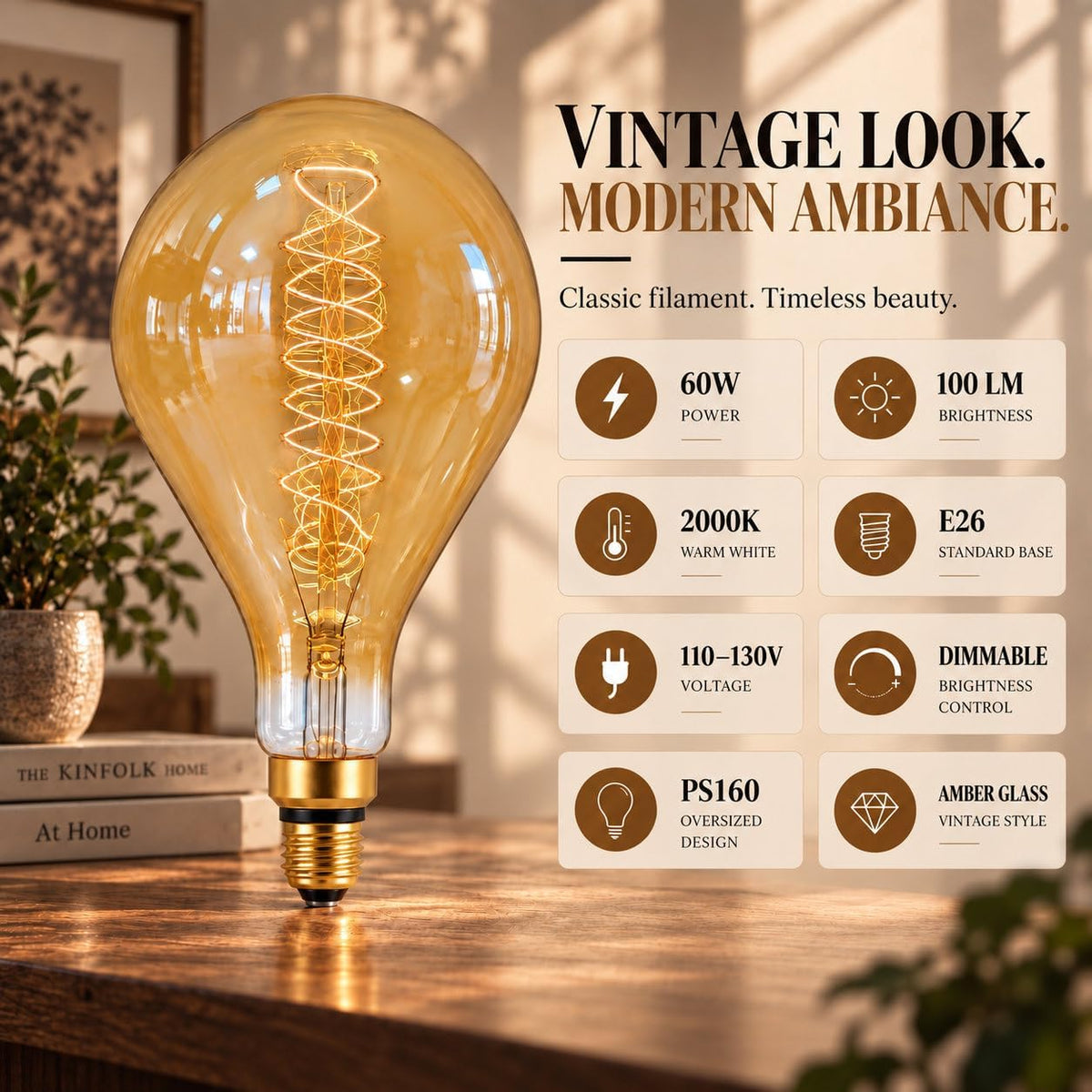 Oversized Incandescent Light Bulb 60 Watt, PS52/PS160 Edison Bulb