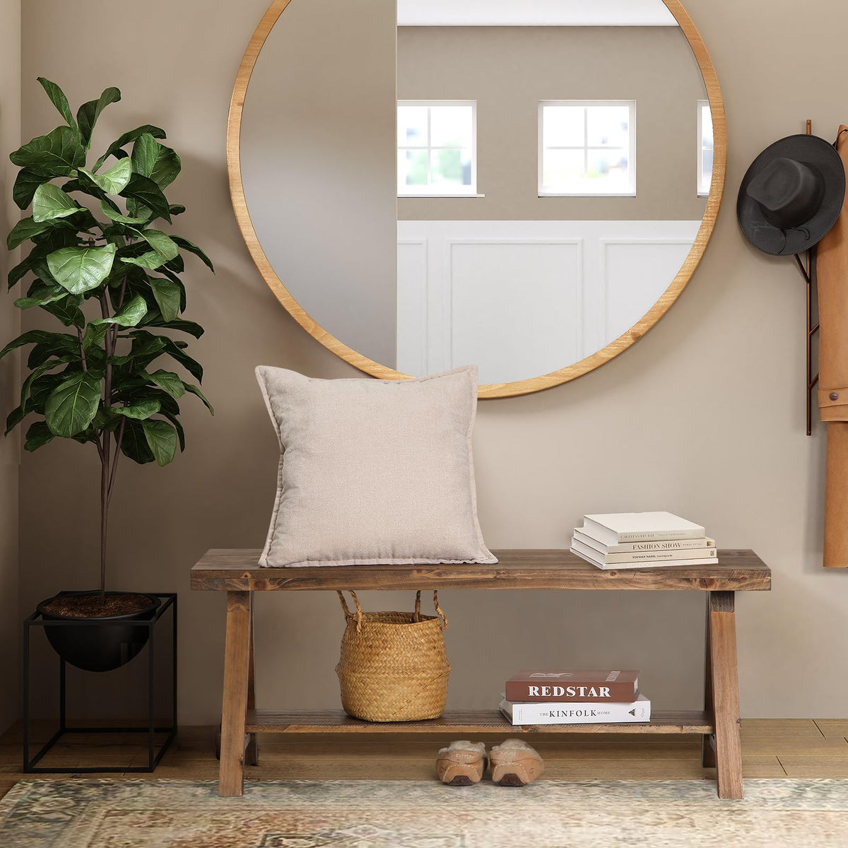 43" Farmhouse Solid Wood Bench, Rustic Indoor Storage Bench