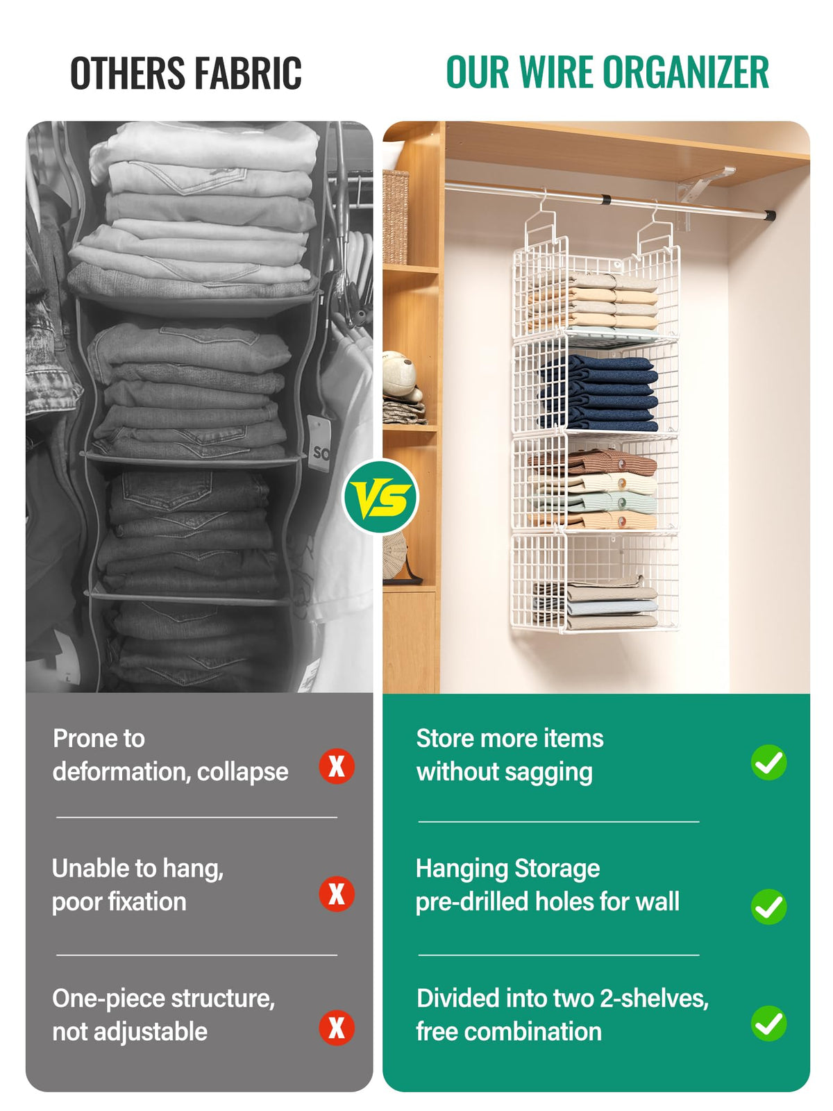 Hanging Closet Organizer, 4 Tier Metal Closet Organizers and Storage with 4 Hanging Hooks 4 S-Hooks for Wardrobe