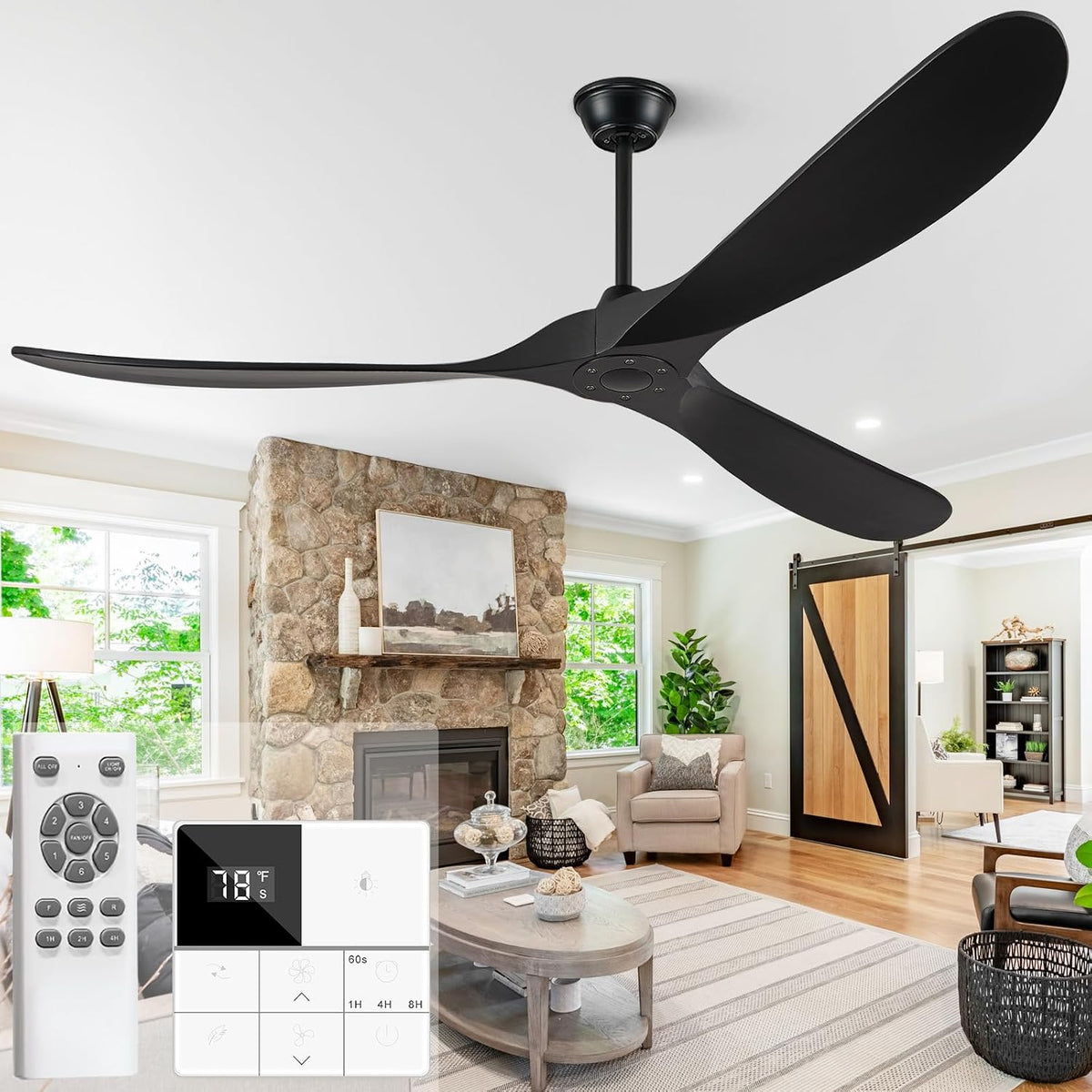 88" Wood Indoor/Outdoor Ceiling Fan with Remote, No Light