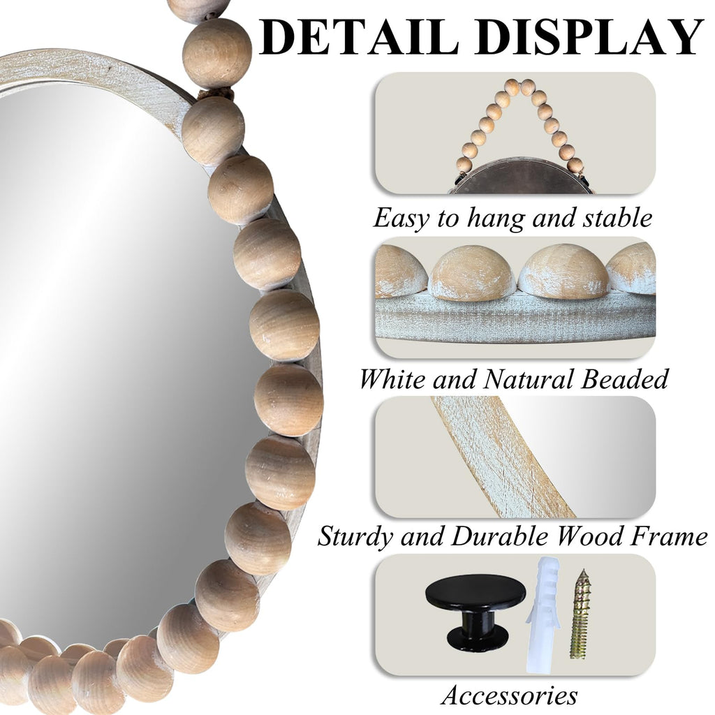 Wood Round Mirror, 28" Rustic Farmhouse Wall Hanging Mirror with Wooden Beaded Frame, Boho Circle Mirror Bathroom