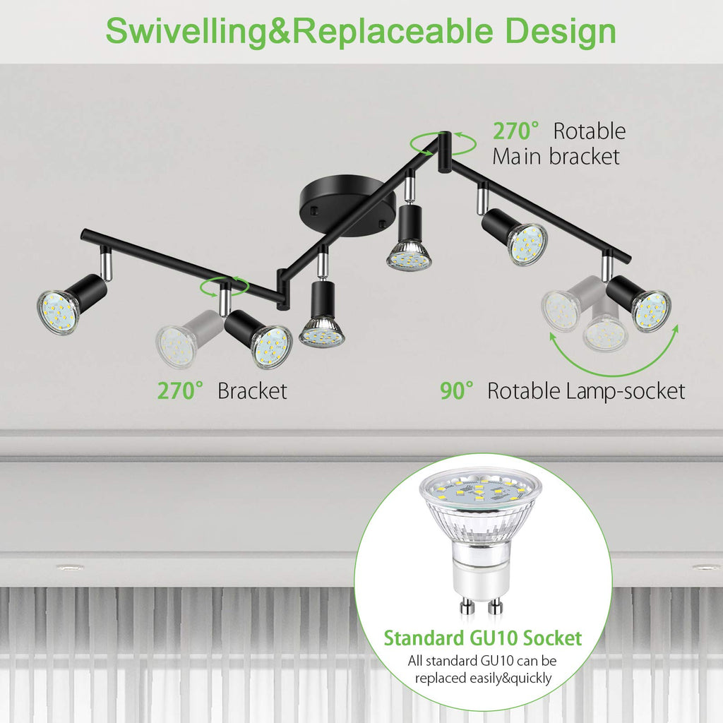 LED 6 Light Track Lighting Kit, 46.5'' Black 6 Way Ceiling Spot Lighting, Flexibly Rotatable Head, Track Light
