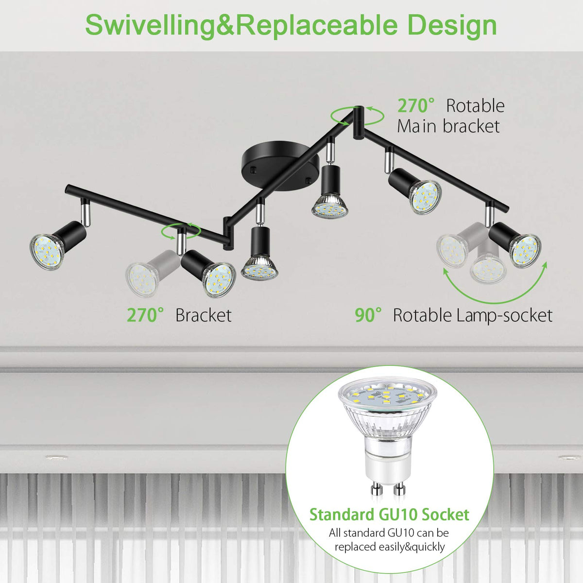 LED 6 Light Track Lighting Kit, 46.5'' Black 6 Way Ceiling Spot Lighting, Flexibly Rotatable Head, Track Light