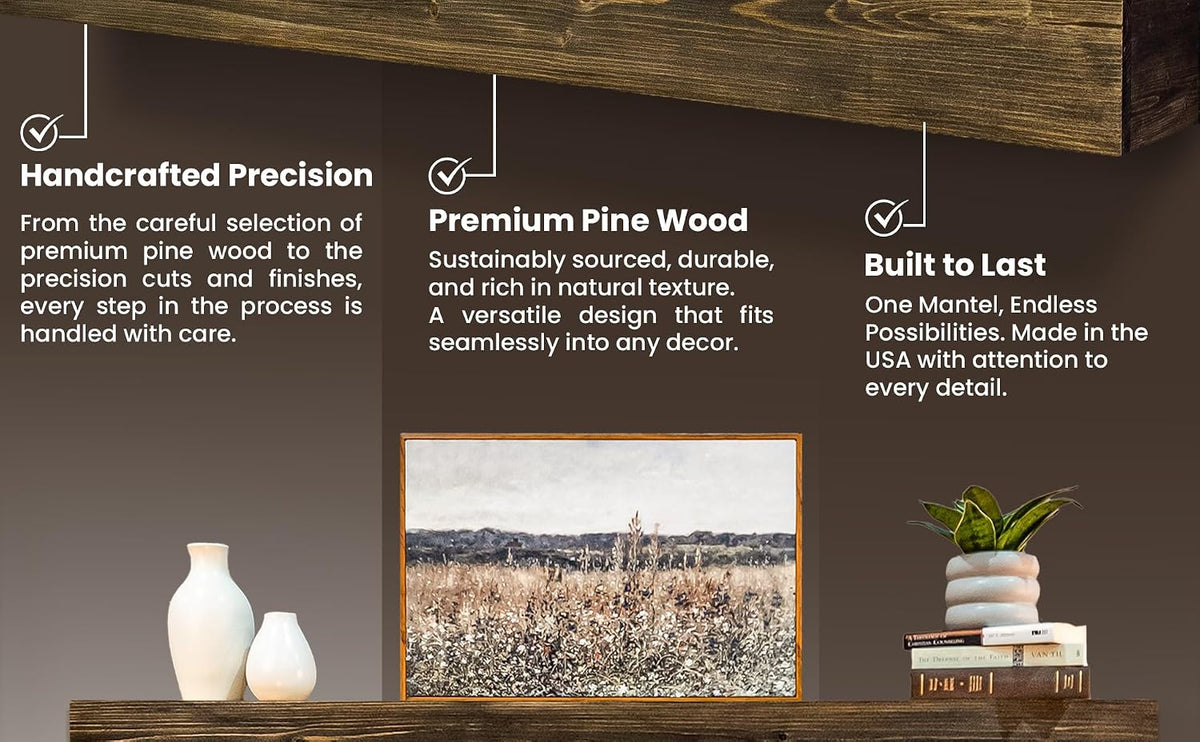 USA Made Real Wood - Handcrafted Farmhouse Wall Mounted for Over Fireplace Floating Shelf Mantle (Rustic, 60X8X5 Inch