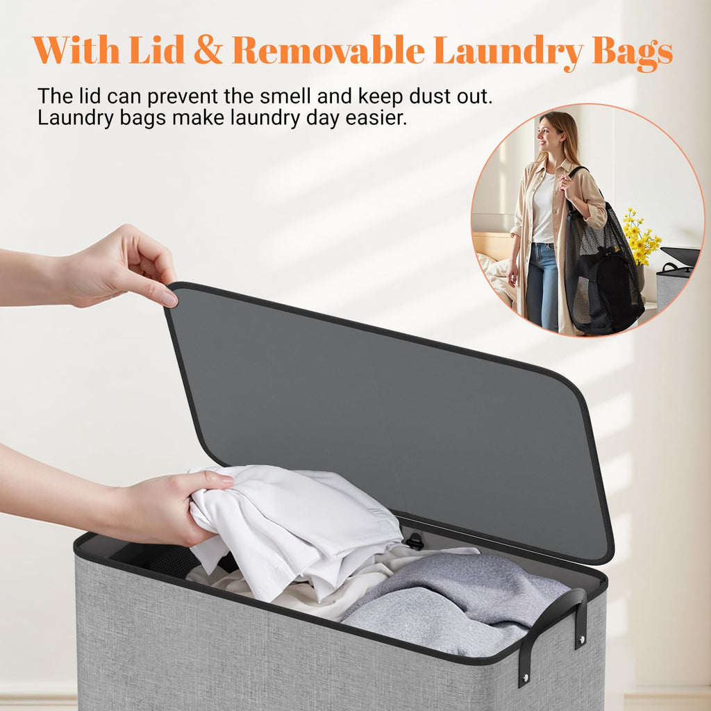 155L 2 Section Laundry Hamper with Lid, Laundry Basket, Gray