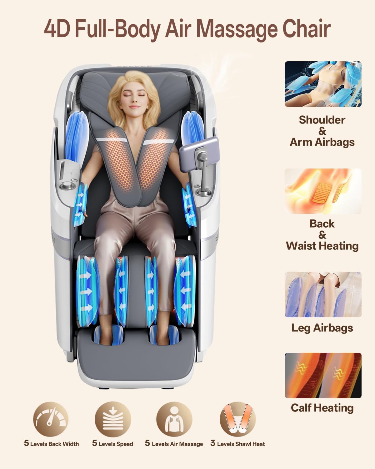 4D Massage Chair Full Body, Zero Gravity Shiatsu, Body Scan, White | 23 Modes Shiatsu Massage Chair Built-in Heat
