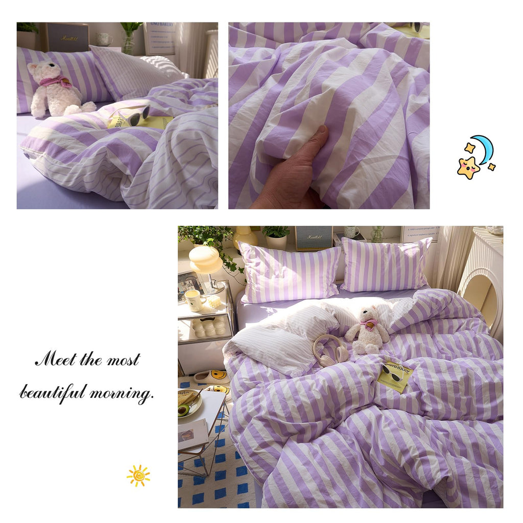 Purple and Beige Striped Duvet Cover Set Twin Size Breathable Soft Jacquard Vintage Stripes Printed Bedding Set 3