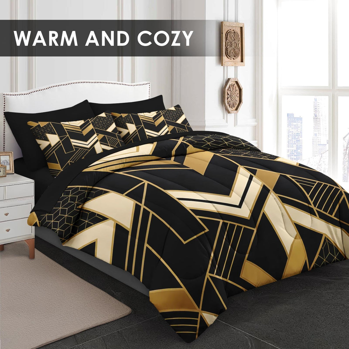 Full Comforter Set with Sheets, 7 Pieces Geometric Gold Bedding