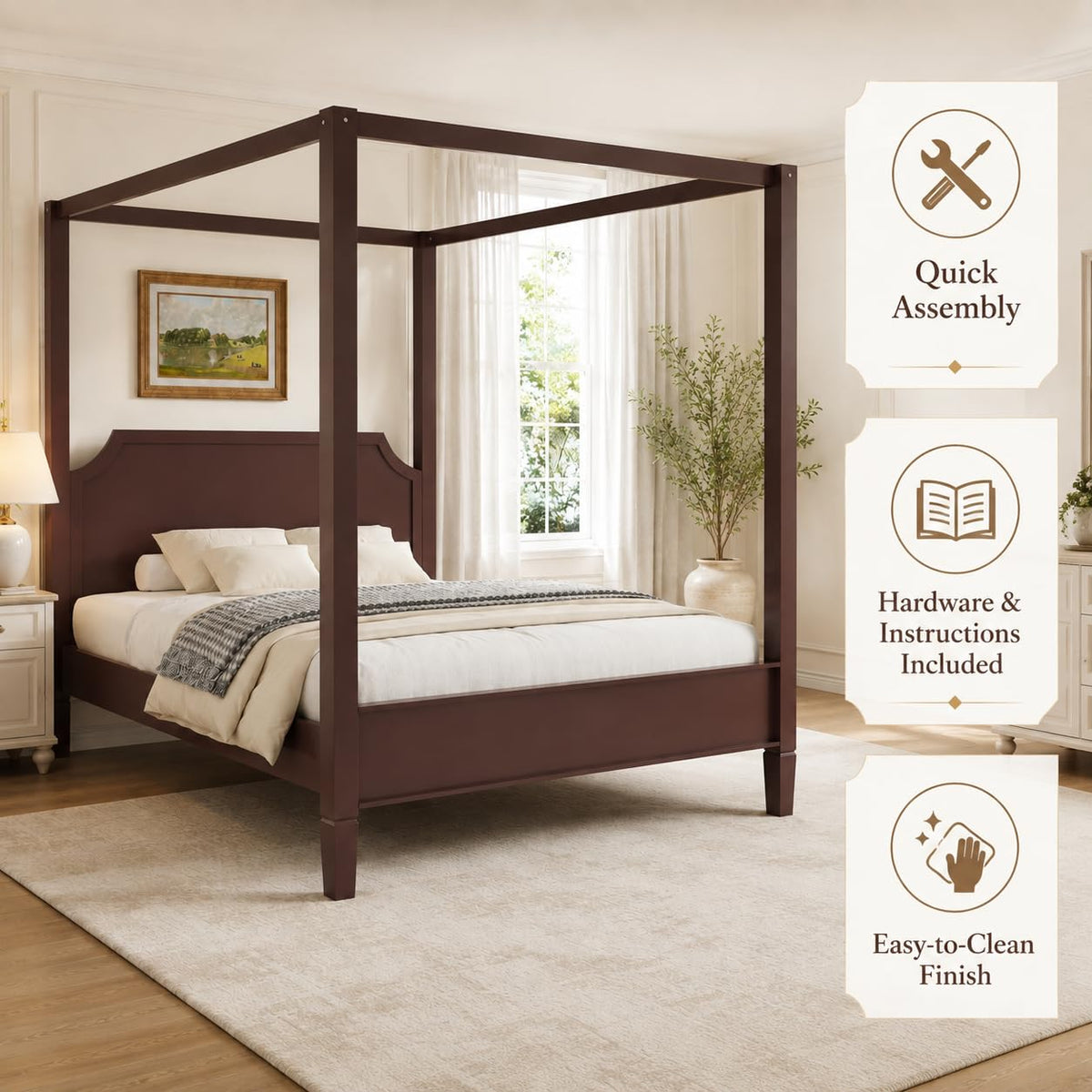 Walnut Canopy Bed Frame Solid Wood 4 Poster Canopy Bed