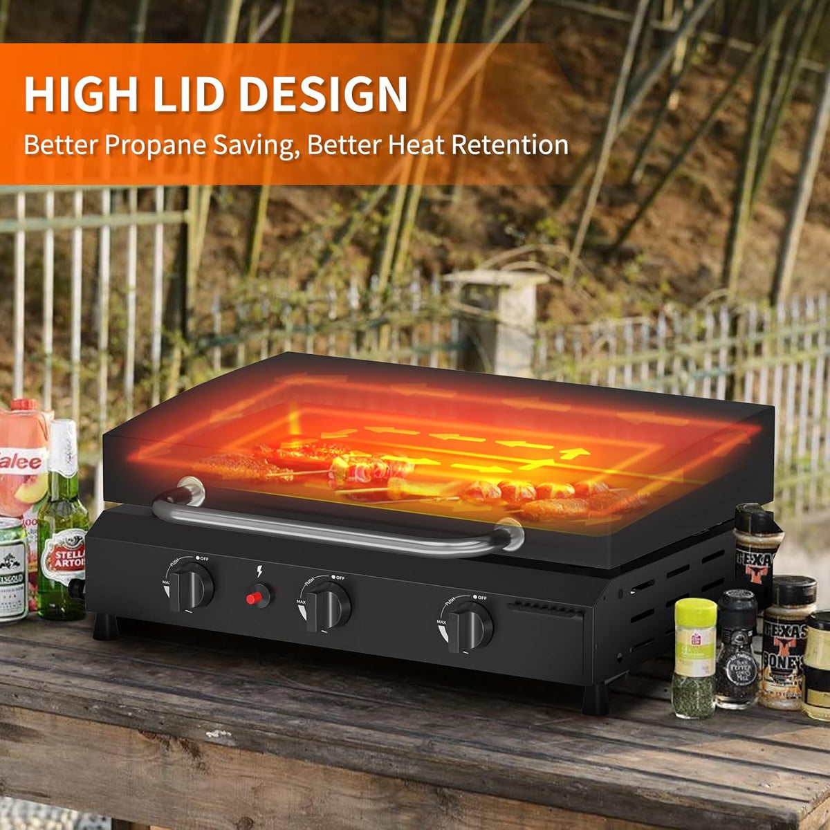 3-Burner Propane Gas Griddle with Hood, 23.3-Inch Portable Flat Top Grill, 45,000 BTU Outdoor Camping Griddle