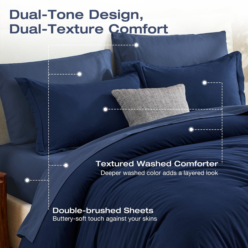 Comforter Set 7-Piece Navy Blue, Pre-Washed Bed in a Bag