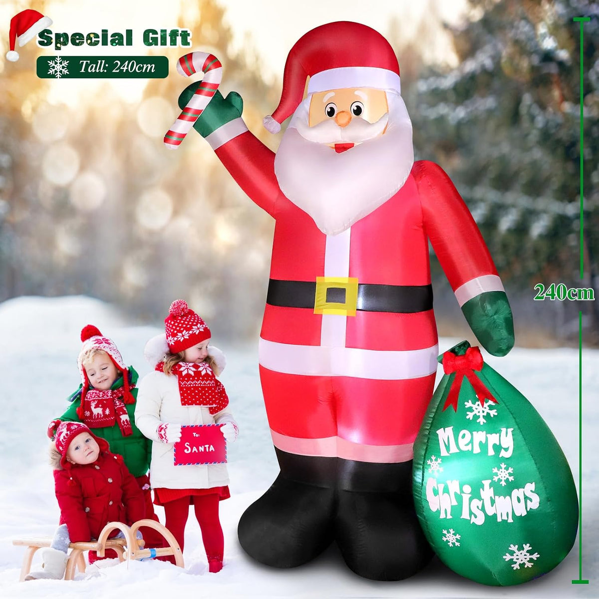 8FT Christmas Inflatable Santa Claus with Candy and Big Gift Bag Outdoor Decoration, Built-in Led Lights Blow Up Xmas