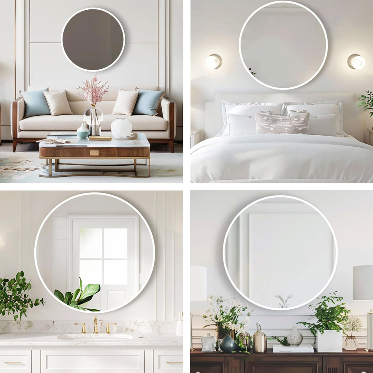 Round Bathroom Mirror, Circle Mirror, White, 30" L x 30" W, 1 Pack