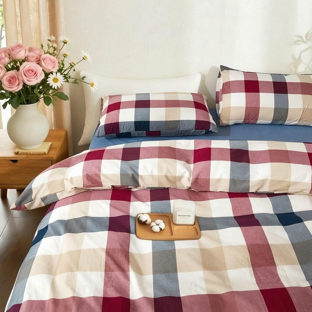 Buffalo Plaid Duvet Cover Set 3 Piece 100% Washed Cotton Linen Feel Farmhouse Bedding Comfy Breathable (Red Blue