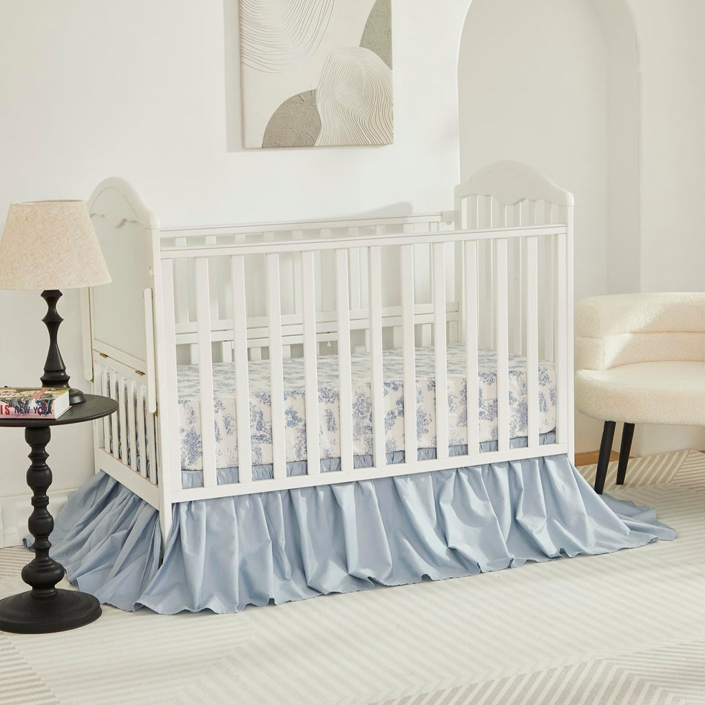 Boho Bohemian Girl Boy Baby Nursery Crib Bed Skirt Dust Ruffle - Neutral Solid Color Light Blue Farmhouse Chic 100%