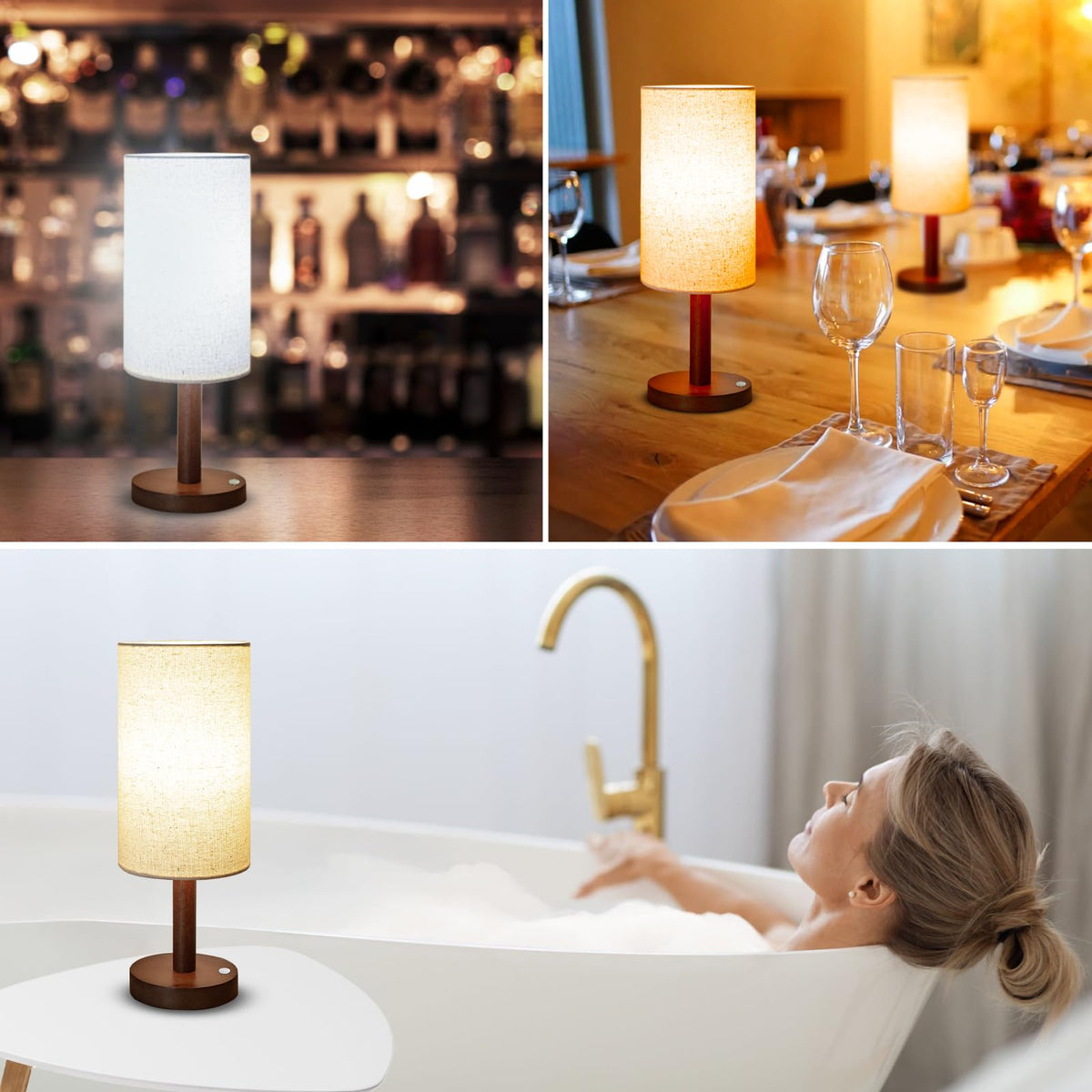 Cordless Table Lamp, 3 Color Portable Battery Lamp Wood Base Touch