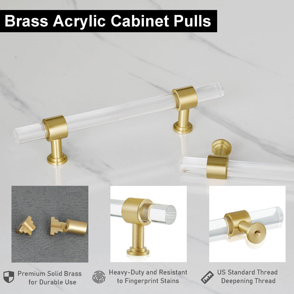 5-Pack Acrylic Cabinet Drawer Pulls, Brushed Brass,5-1/16 Inch