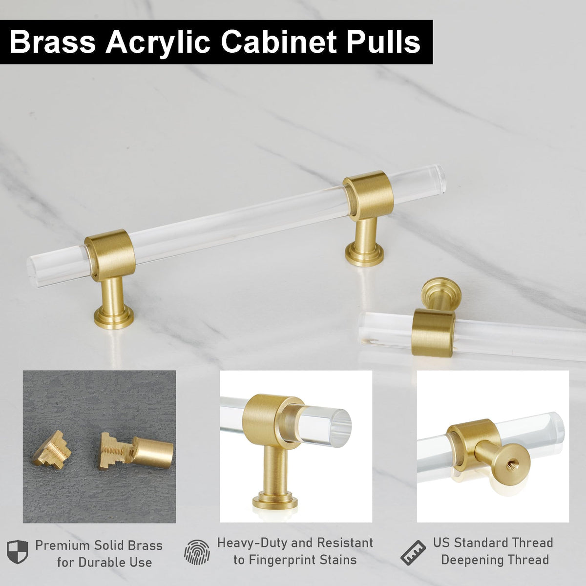 5-Pack Acrylic Cabinet Drawer Pulls, Brushed Brass,5-1/16 Inch